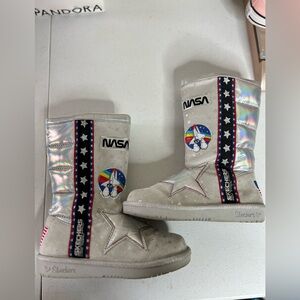 Skechers NASA USA Girls Boots Size 1 Youth Iridescent Multi Color Patchwork Logo